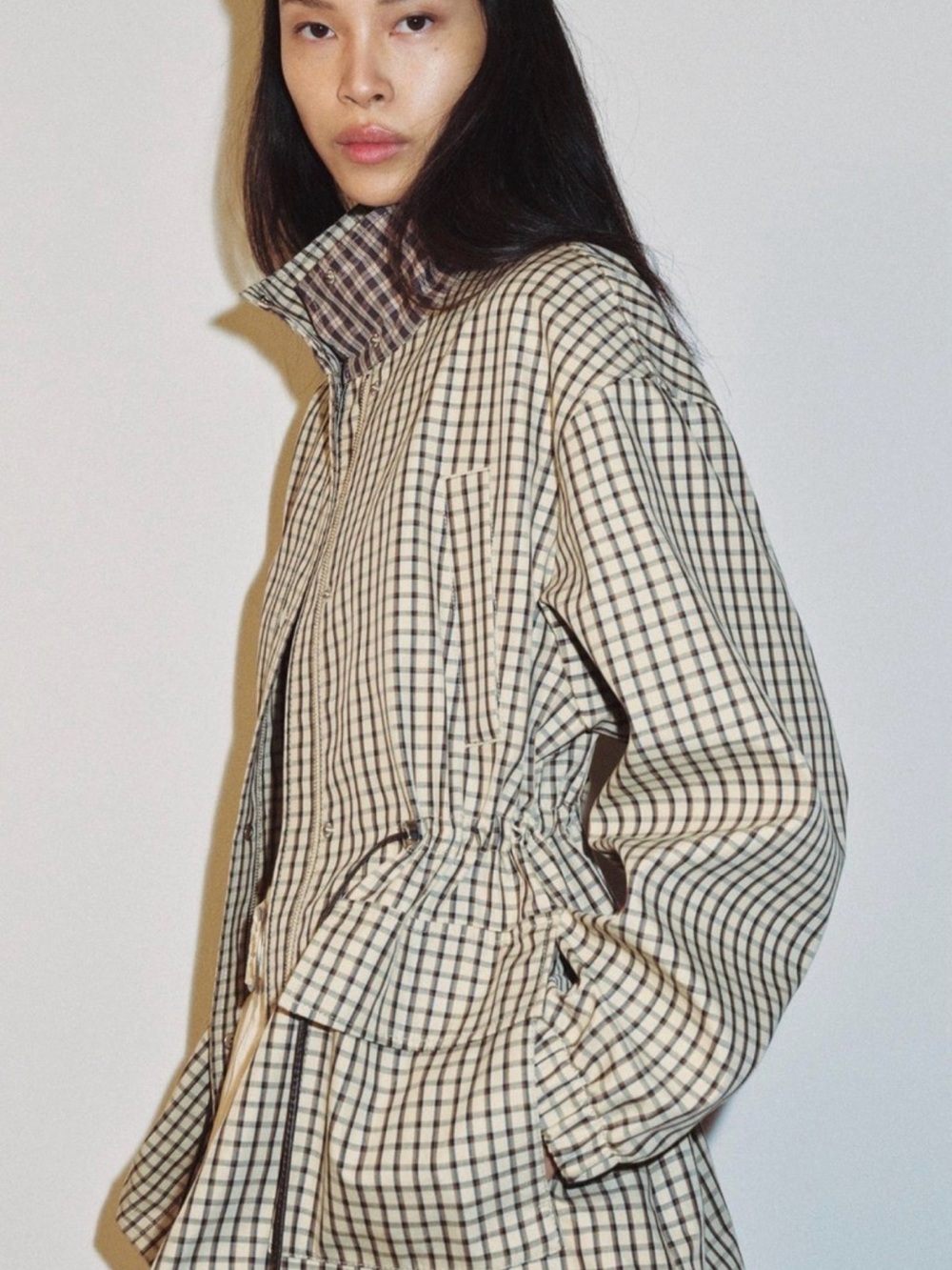 Zara Cream and Black Checked High-Neck Jacket